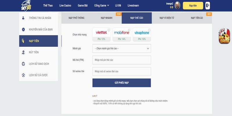 Nạp tiền Sky88 bằng thẻ cào mobile